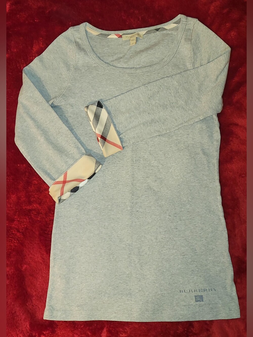 Burberry Brit Grey 3/4 Sleeve Tee with Signature Check Cuffs Medium